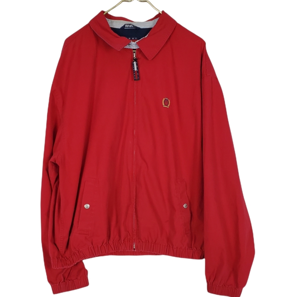 90's Red Zippered Tommy's Hilfiger with Pockets and Big Logo on Back
